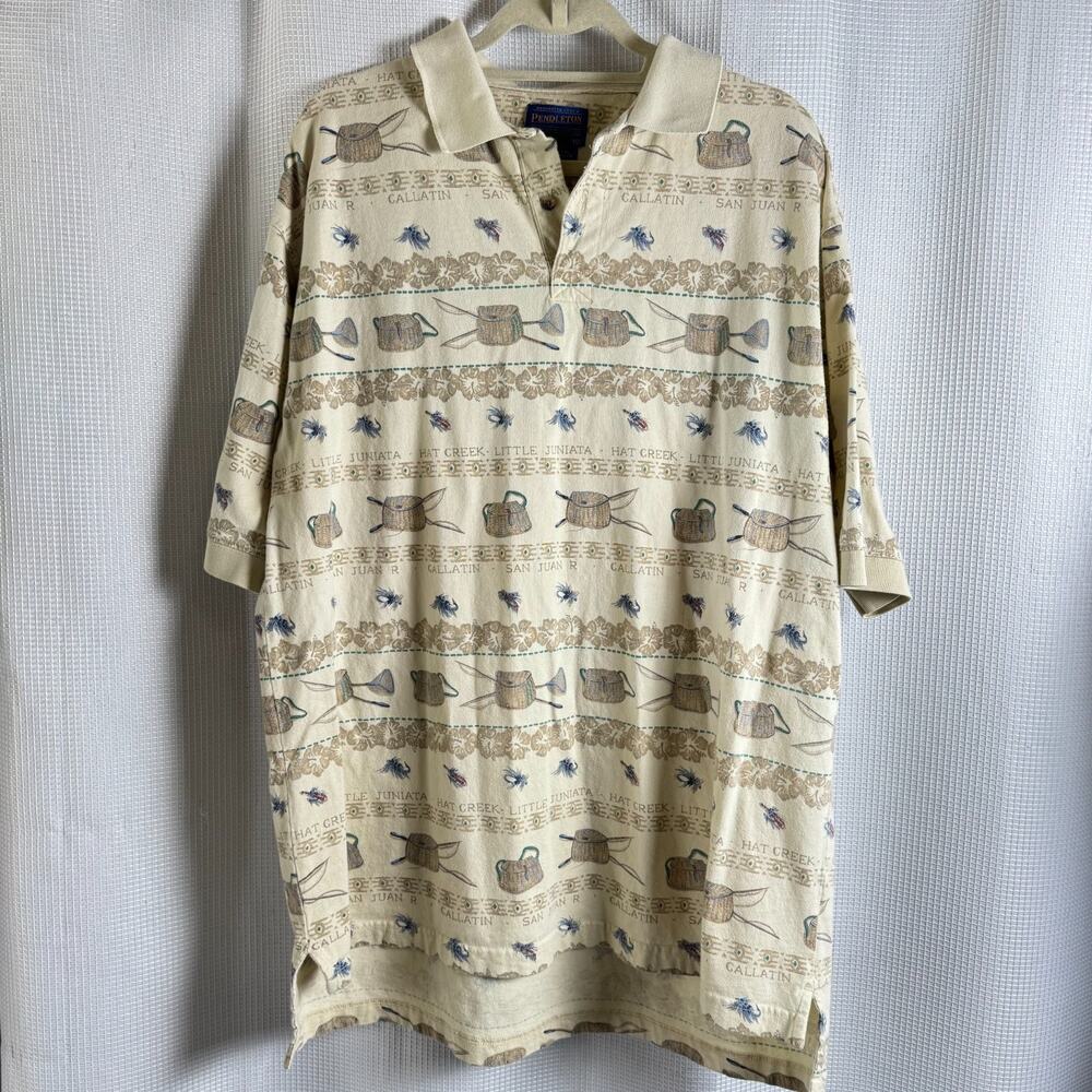 Vintage Pendleton Polo Shirt Fly Fishing Mens Sz XL All Over Print 100% Cotton